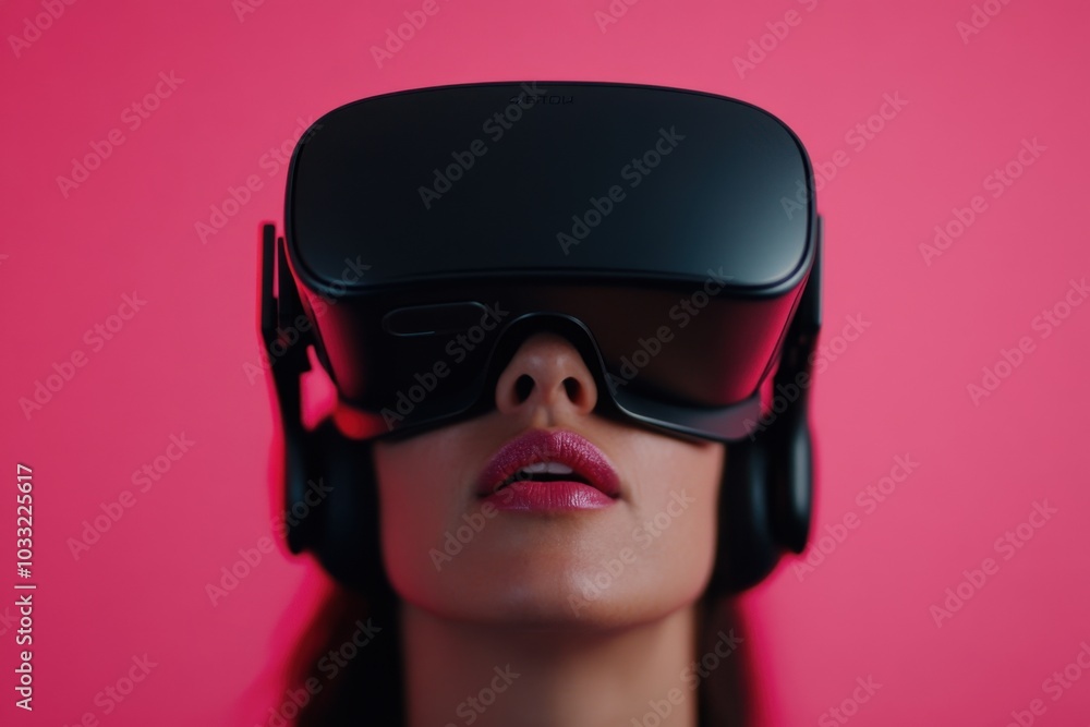 Woman experiencing virtual reality with headset on pink background Woman experiencing virtual reality with headset on pink background