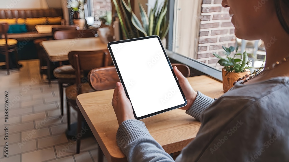 Mockup image of a woman holding digital tablet with blank white desktop screen in cafe Mockup image of a woman holding digital tablet with blank white desktop screen in cafe