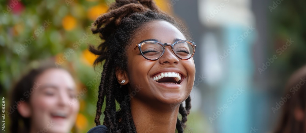 A young woman with dreadlocks and glasses laughs with joy, her face full of happiness and excitement. A young woman with dreadlocks and glasses laughs with joy, her face full of happiness and excitement.