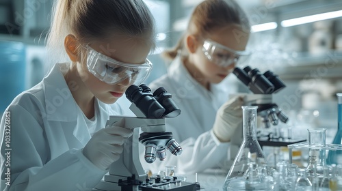 Two Young Girls Wearing Lab Coats Using Microscopes in a Laboratory