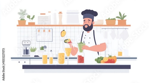 Chef Preparing a Fresh Juice with Fruits and Vegetables