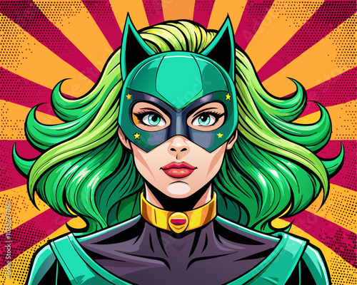  Pop art comic book style super heroine with short green hair and a mask.