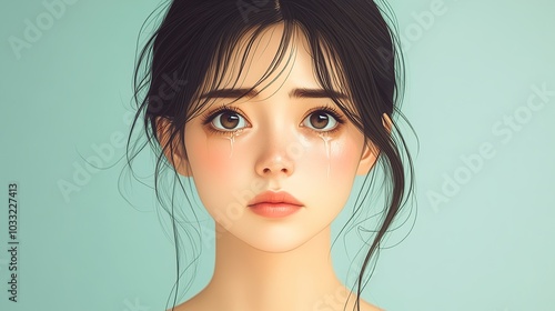 Portrait of a 49-year-old woman displaying sadness with tearful eyes and a melancholic expression. Isolated on a clean background, highlighting sorrow. Sad, Melancholic. High resolution Illustration,