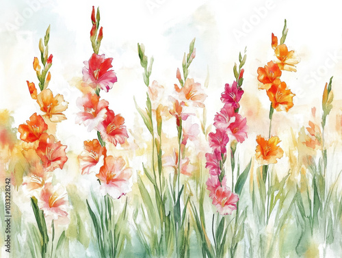 A watercolor of gladiolus stems in full bloom, painted with bold strokes of red, pink, and orange The long, graceful stems reach upward, capturing a sense of vitality and energy