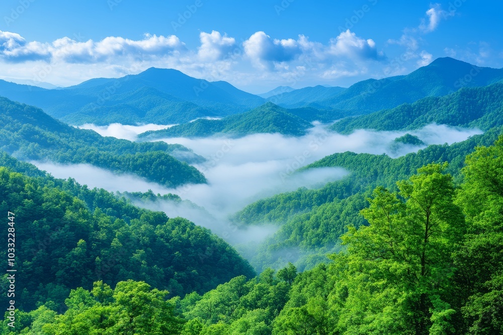 Mystical Fog Over Serene Mountains. Generative AI Mystical Fog Over Serene Mountains. Generative AI
