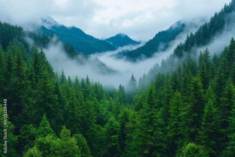 Fototapeta premium Mystical Fog Over Serene Mountains. Generative AI