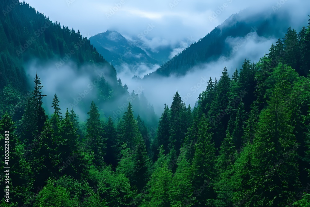 Mystical Fog Over Serene Mountains. Generative AI Mystical Fog Over Serene Mountains. Generative AI