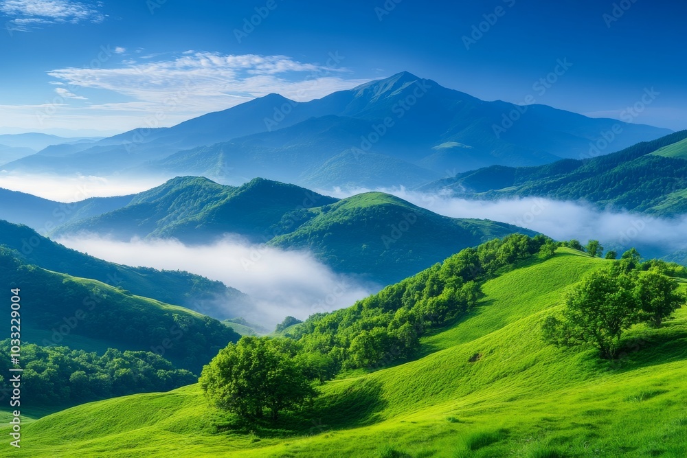 Fototapeta premium Vibrant Green Mountain Landscape, Serene Rolling Hills, Misty Valleys, Breathtaking Nature Views, Ideal for Travel and Outdoor Themes. Generative AI