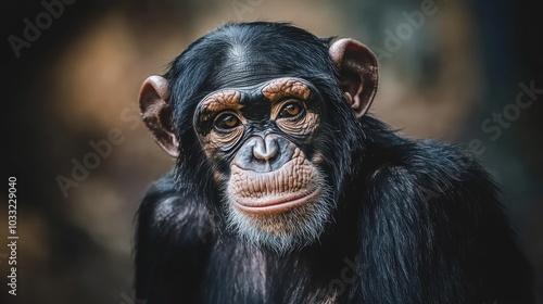 Close-up portrait of a chimpanzee looking directly at the camera with a thoughtful expression.