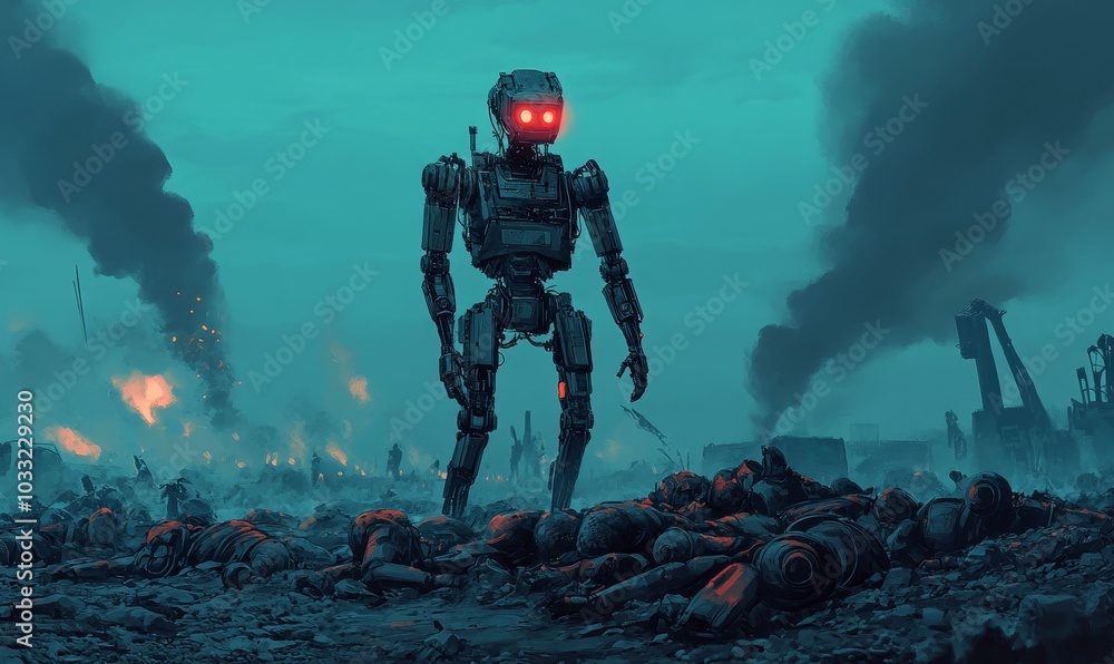 Obraz premium Robot standing over fallen soldiers.