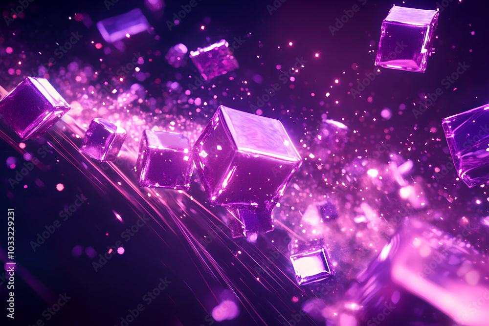 Purple neon geometric shapes with glowing particles and light streaks effects. 3d rendering, illustration Purple neon geometric shapes with glowing particles and light streaks effects. 3d rendering, illustration