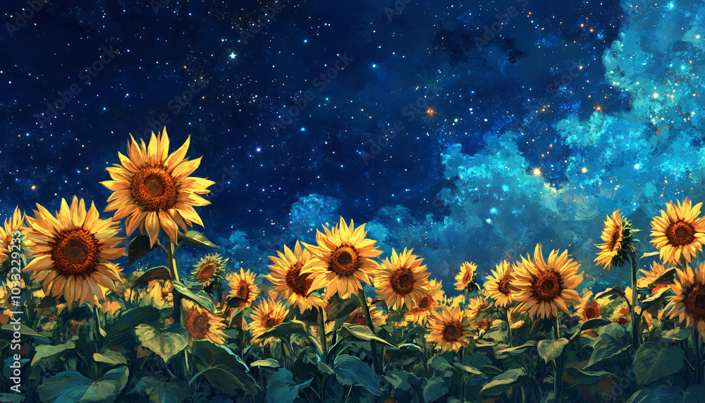 A field of giant sunflowers, each one turning to follow not the sun, but the stars A field of giant sunflowers, each one turning to follow not the sun, but the stars