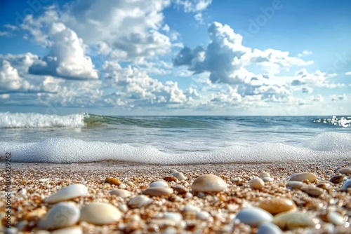 Close-up of foamy ocean waves lapping on a sandy beach with seashells scattered in the foreground. The sky is bright blue with white clouds.