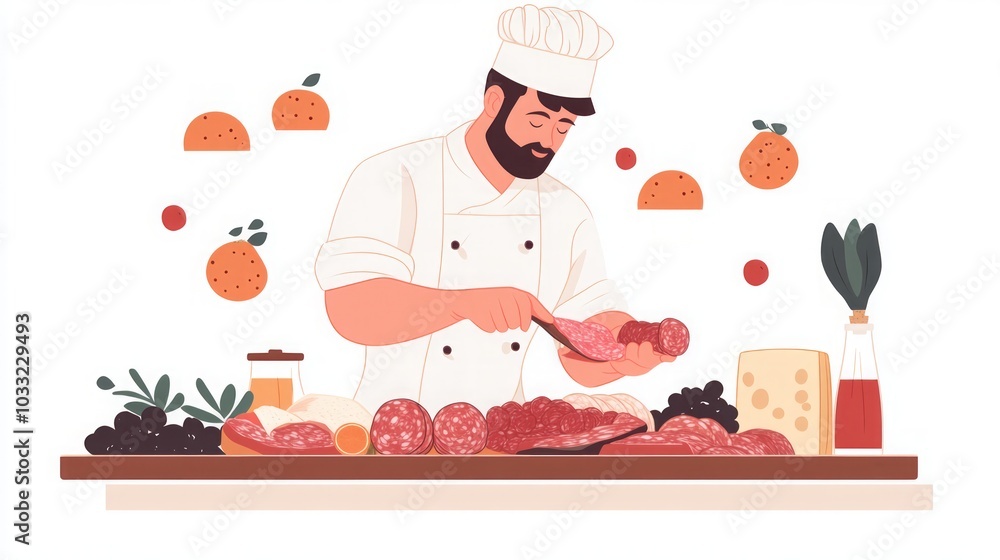 Chef Preparing Delicious Salami and Cheese Platter Chef Preparing Delicious Salami and Cheese Platter
