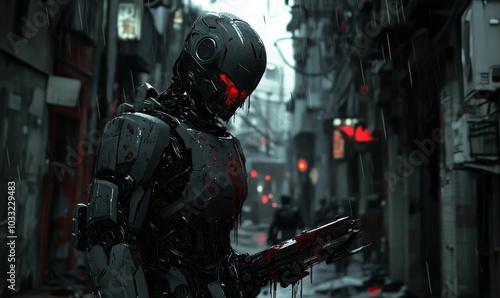 Blood-splattered robot in a rainy city.