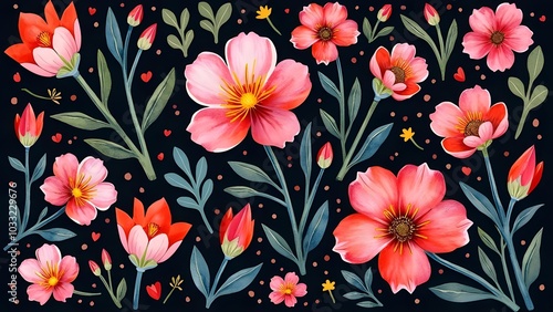 kolorful watercolour pattern with big and little flowers on black background photo