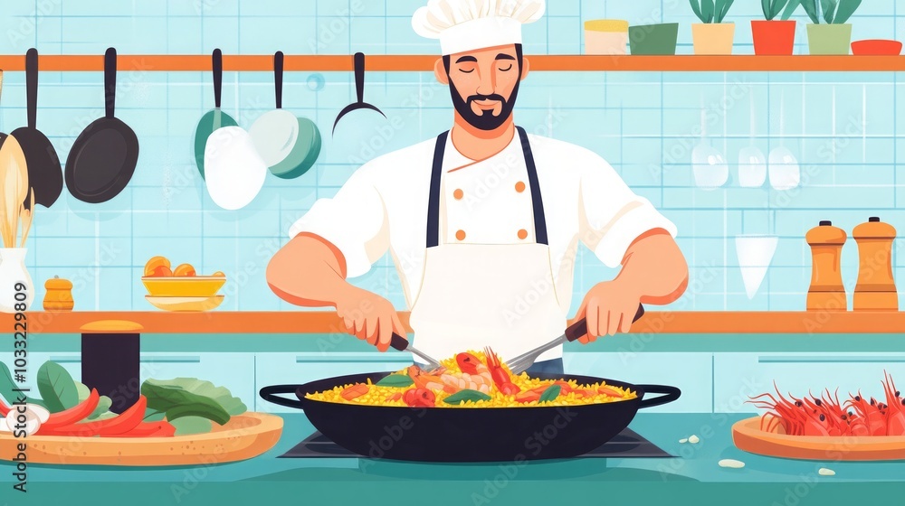 Chef Preparing a Delicious Seafood Paella: A Culinary Masterpiece Chef Preparing a Delicious Seafood Paella: A Culinary Masterpiece