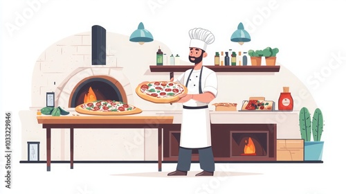 Pizzaiolo Holding Freshly Baked Pizza in Restaurant Kitchen