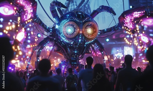 Neon-lit robotic spider at a music festival.