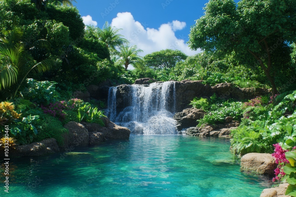 Fototapeta premium Tropical Waterfall Haven, Dive Into Nature's Crystal Clear Waters. Generative AI