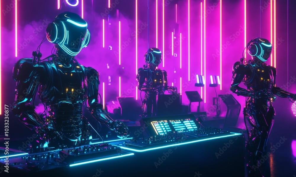 Cyberpunk robots DJing in neon lights. Cyberpunk robots DJing in neon lights.