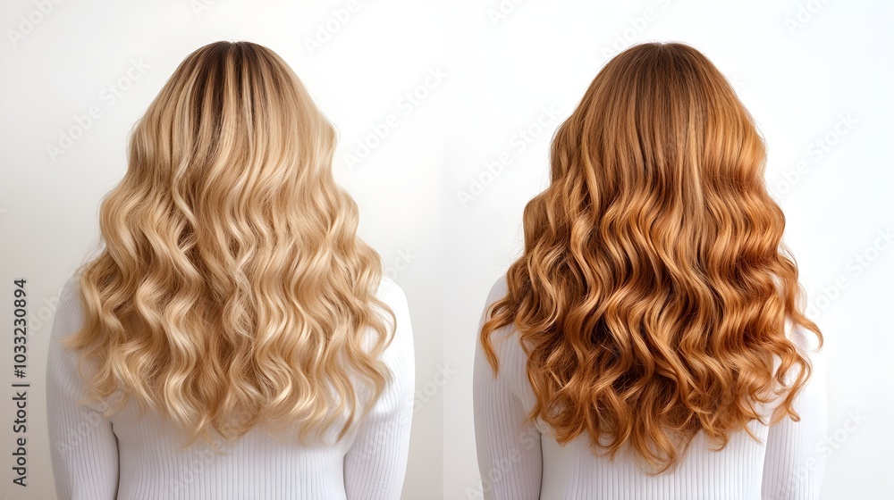 Fototapeta premium Side-by-side curls comparison, showing frizzy, undefined strands transforming into shiny, bouncy curls post honey treatment, Realistic, High Detail, Natural Light