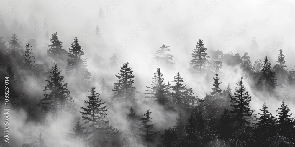 Enigmatic Misty Forest with Lush Greenery and Ethereal Atmosphere. Enigmatic Misty Forest with Lush Greenery and Ethereal Atmosphere.