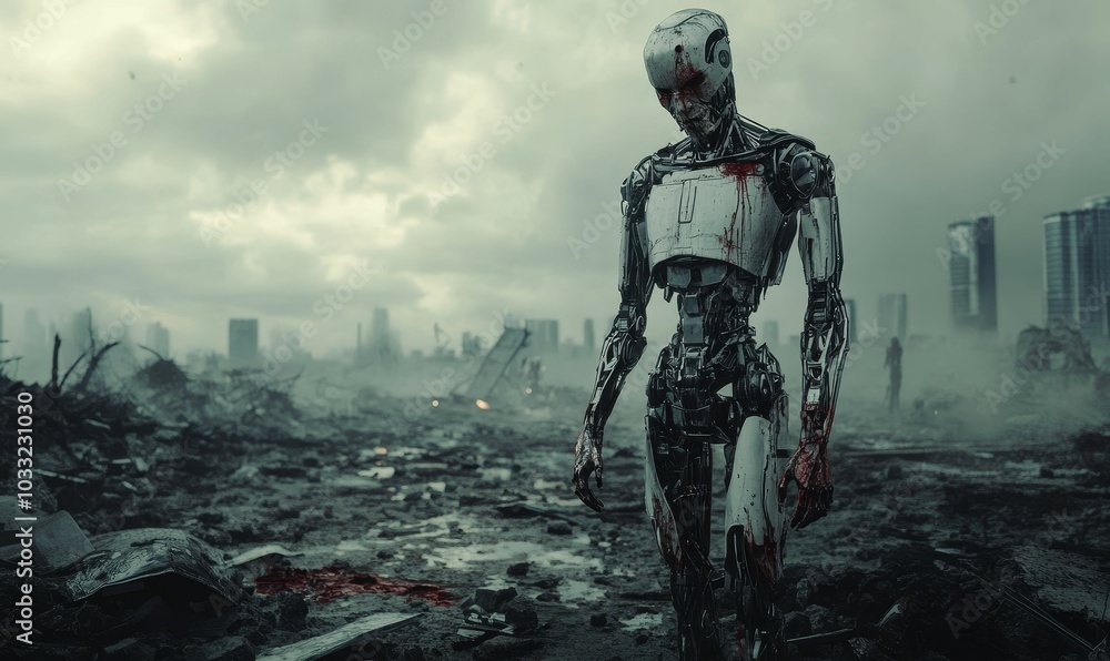 Fototapeta premium A bloody robot walks through a destroyed city.