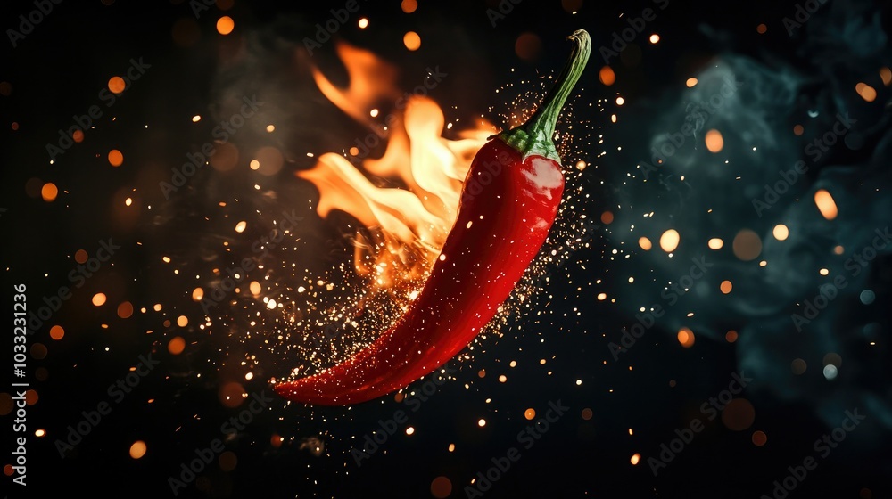 A flaming hot red chilli pepper on fire. Burning hot spicy chilli food A flaming hot red chilli pepper on fire. Burning hot spicy chilli food