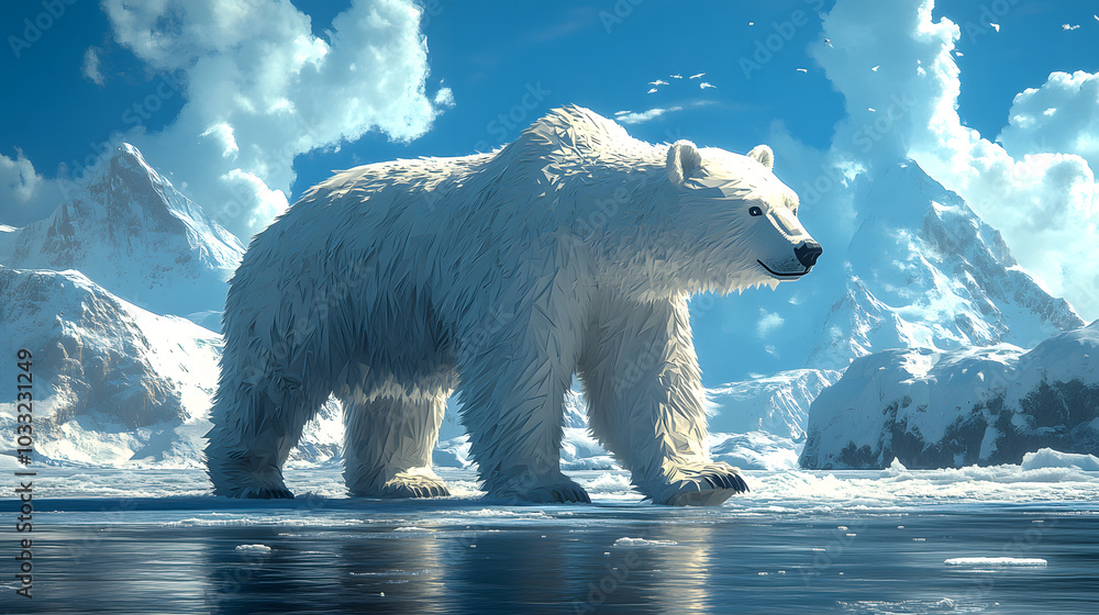 A Polar Bear Standing on the Ice with Its Reflection Visible in the Water Below. This Majestic Creature Captures the Essence of the Arctic Wilderness, Highlighting the Beauty of Nature in a Serene Lan A Polar Bear Standing on the Ice with Its Reflection Visible in the Water Below. This Majestic Creature Captures the Essence of the Arctic Wilderness, Highlighting the Beauty of Nature in a Serene Lan
