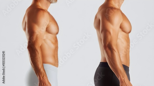 Before-and-after weight loss photos, focusing on changes in waistline, arm definition, and overall body shape, Crisp Focus, Clean Background photo