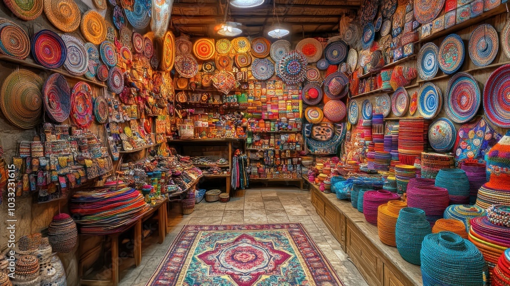 Fototapeta premium A vibrant shop filled with colorful woven baskets and other crafts, creating a sense of cultural vibrancy.