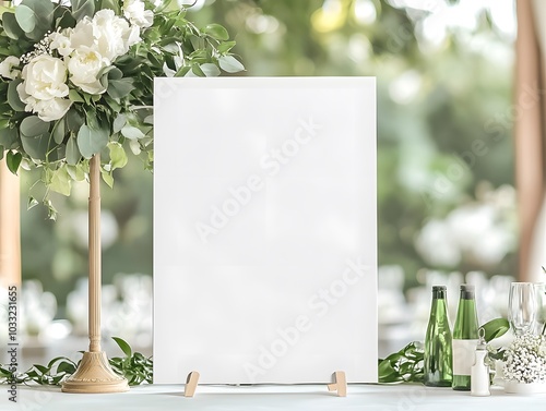 Elegant Wedding Sign Mockup: Blank White Sign with Rustic Wooden Stand,  Set against a backdrop of lush floral arrangements and shimmering glassware.  Perfect for adding your own custom design. photo