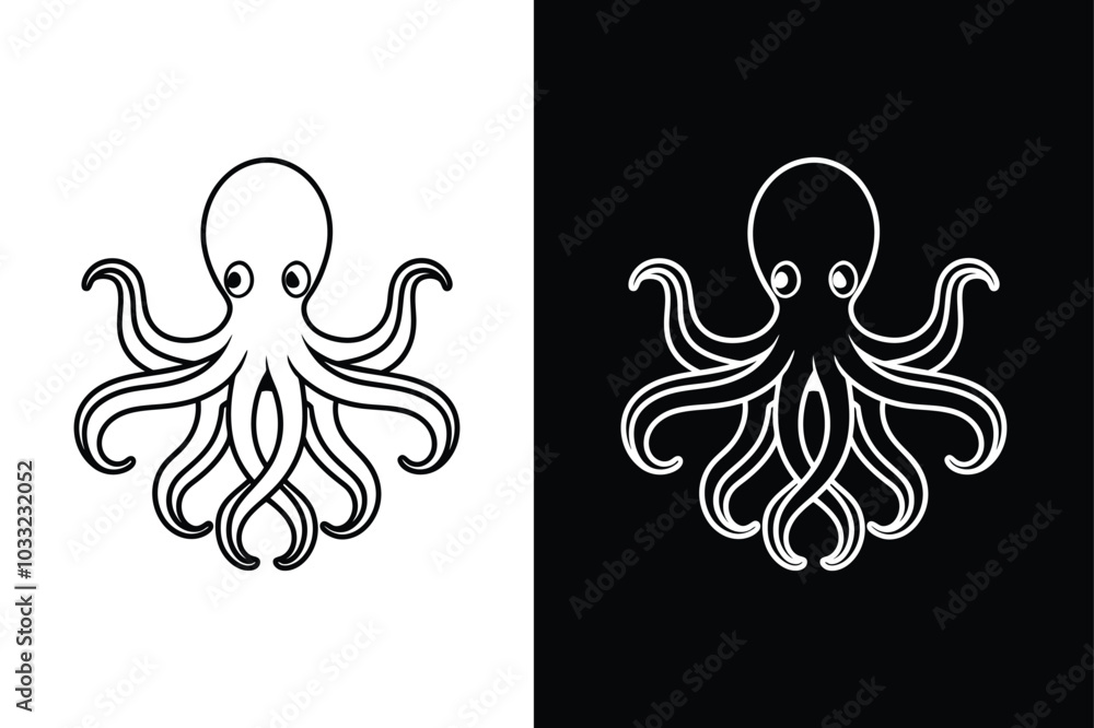 Charming Octopus Icon. Minimalist Black Line Art on White Canvas Charming Octopus Icon. Minimalist Black Line Art on White Canvas