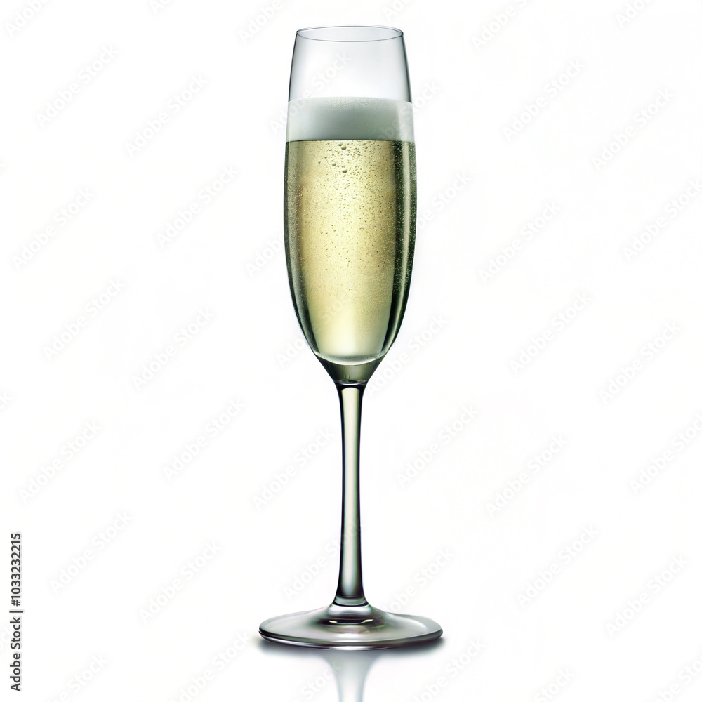 Single Champagne Glass with Sparkling Wine on White Background Single Champagne Glass with Sparkling Wine on White Background