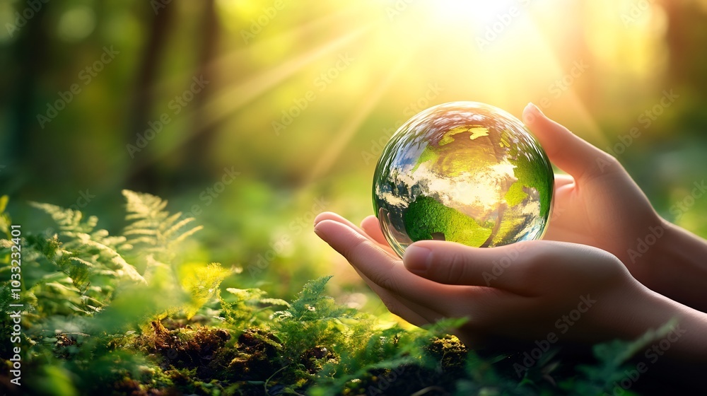 Hands gently holding glass globe in the middle of a lush green forest with sunlight filtering through the trees symbolizing Earth Day and environmental care Hands gently holding glass globe in the middle of a lush green forest with sunlight filtering through the trees symbolizing Earth Day and environmental care