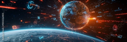 Holographic projection of the Earth surrounded by dynamic data streams visualizing the interconnected nature of global information and the potential of future technological advancements photo