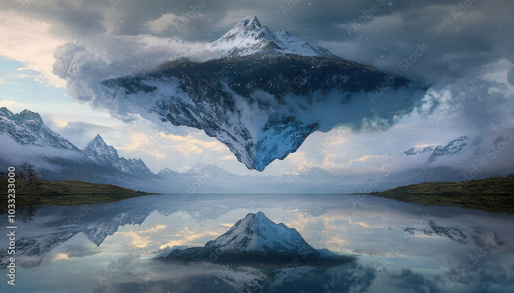 Fototapeta premium A mountain suspended upside-down from the sky, with its snowy peak hanging just above the surface of a calm lake