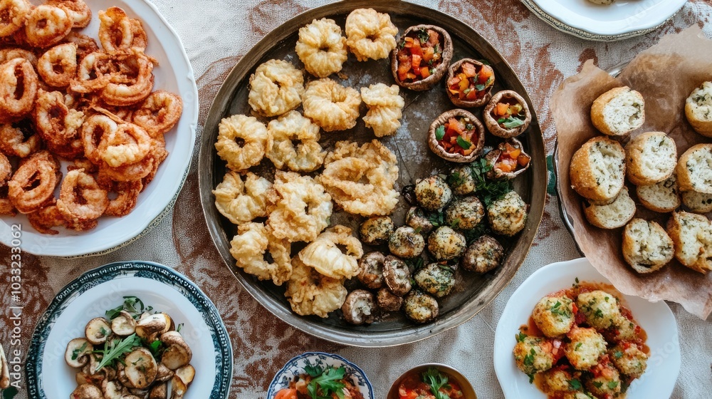 Assorted Cicchetti Dishes on a Rustic Table Assorted Cicchetti Dishes on a Rustic Table