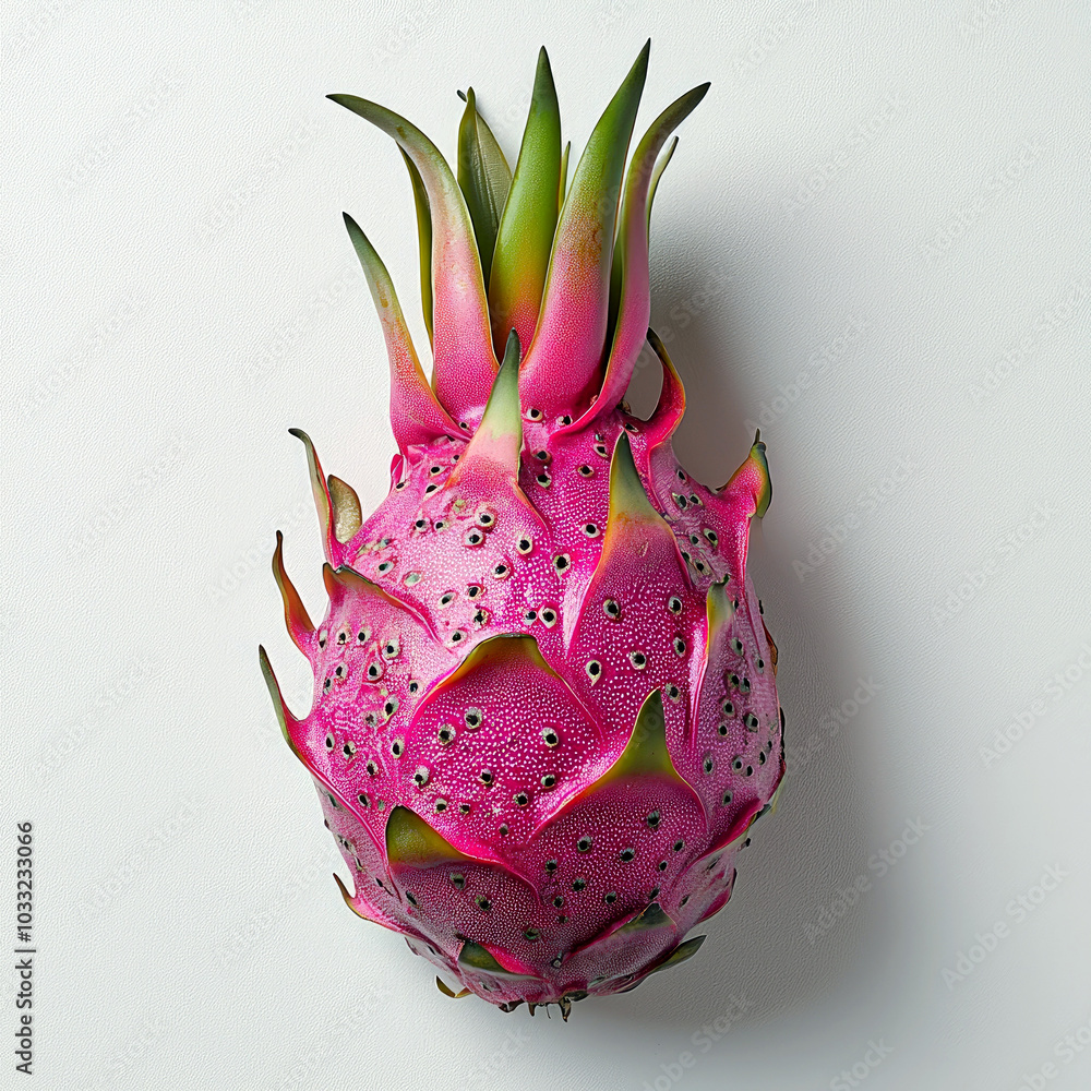 A vibrant dragon fruit with pink skin and green tips, showcasing its unique appearance. A vibrant dragon fruit with pink skin and green tips, showcasing its unique appearance.
