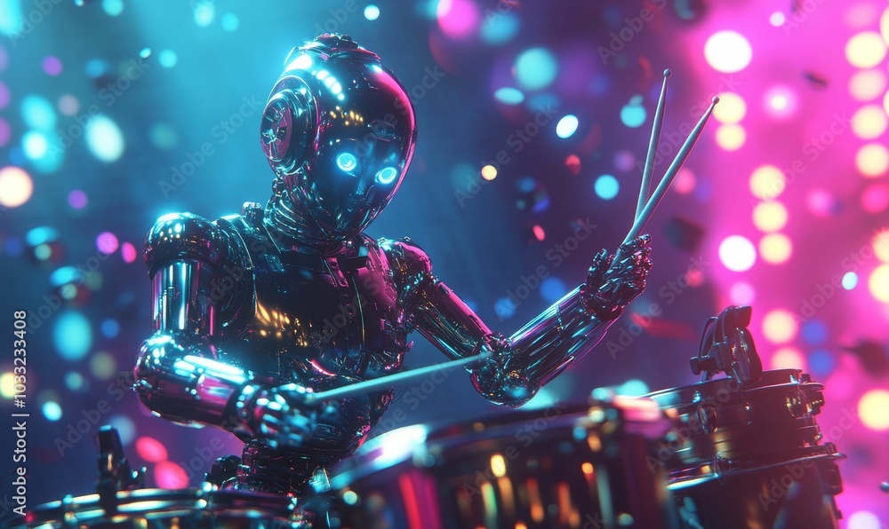 Fototapeta premium A metallic robot playing drums under blue and pink lights.