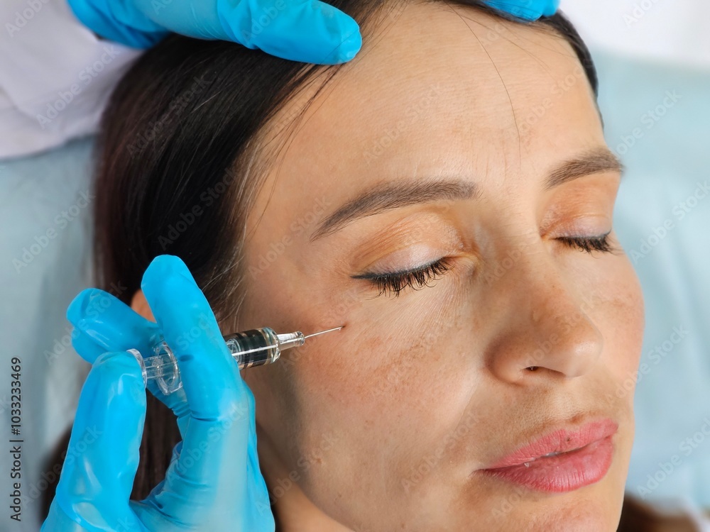 A woman receiving an aesthetic treatment in a clinic setting during daylight hours A woman receiving an aesthetic treatment in a clinic setting during daylight hours