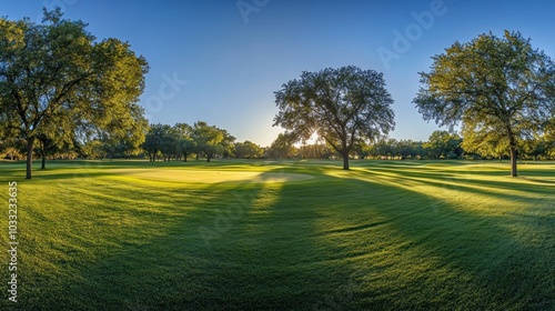 A panoramic view of a lush green golf course with tall trees in the foreground and the sun rising in the background, casting long shadows across the grass.