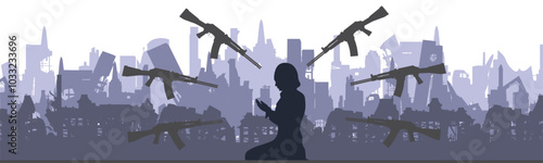 A man prays at gunpoint. Destroyed city. War. Panorama. Vector graphics
