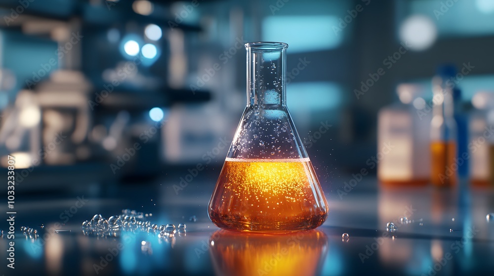 A single Erlenmeyer flask filled with a golden liquid, with a few drops spilled on a blue surface. A single Erlenmeyer flask filled with a golden liquid, with a few drops spilled on a blue surface.