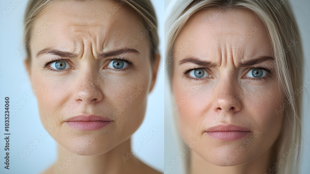 Capture a woman's facial expression lines around her mouth before and after Botox treatment, focusing on the wrinkle-free result Capture a woman's facial expression lines around her mouth before and after Botox treatment, focusing on the wrinkle-free result