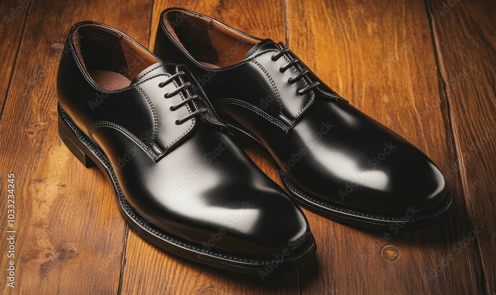 Black leather shoes on wooden surface. Black leather shoes on wooden surface.