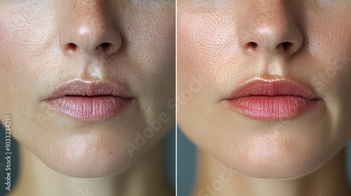 Before-and-after blog images showcasing smooth results from mouth wrinkle treatments like dermal fillers and microneedling, High-Resolution, Natural Colors, Photorealistic photo