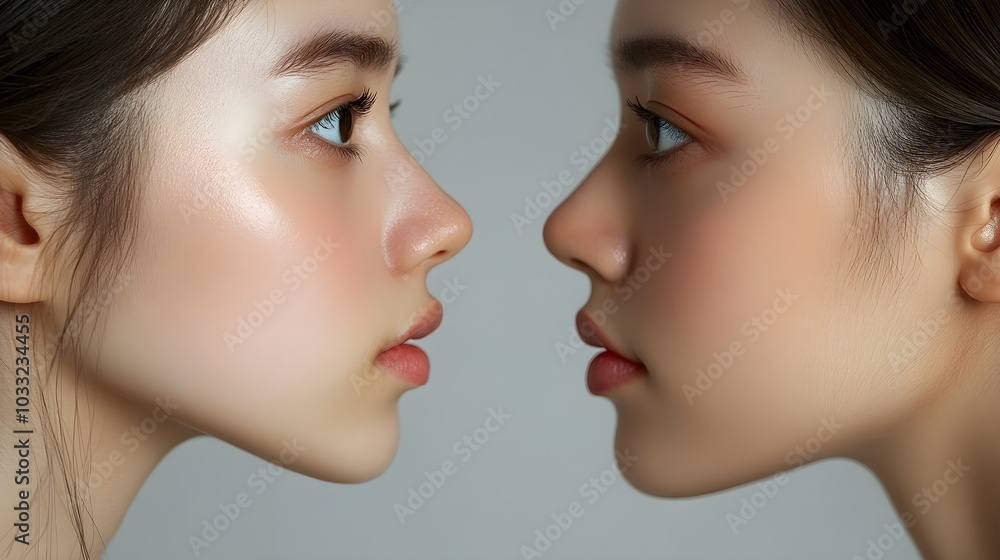 Visual comparison of non-invasive nose correction versus rhinoplasty surgery, highlighting variations in results with side-by-side before-and-after shots, Realistic, Soft Lighting Visual comparison of non-invasive nose correction versus rhinoplasty surgery, highlighting variations in results with side-by-side before-and-after shots, Realistic, Soft Lighting