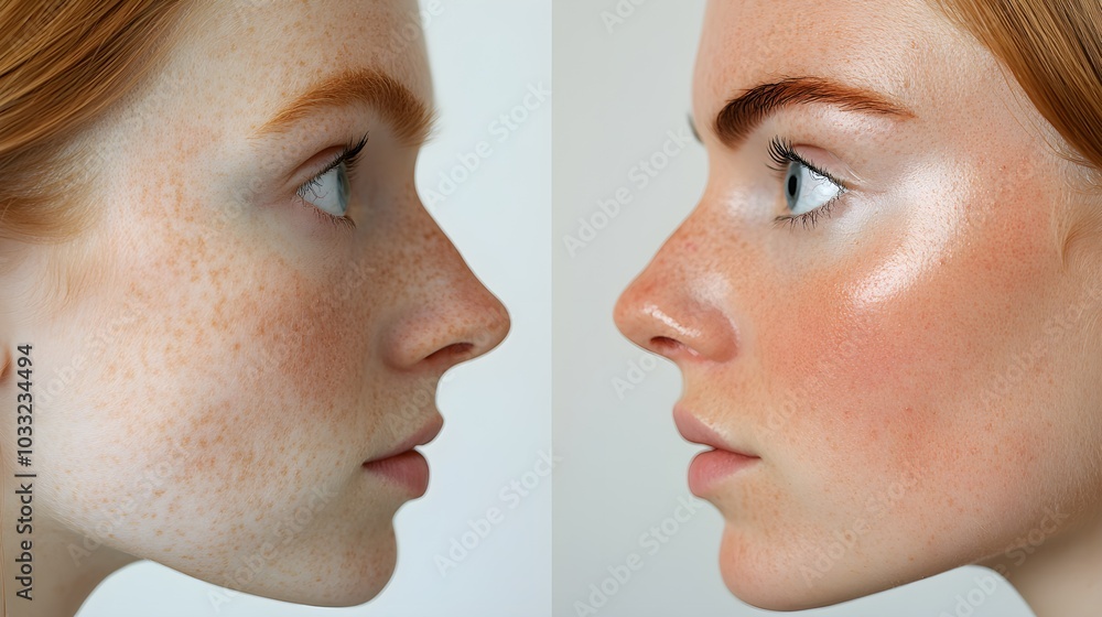 Obraz premium Side-by-side comparison of a patient's nose and facial profile, showcasing the refined contours and balanced proportions after rhinoplasty, Realistic, High-Definition
